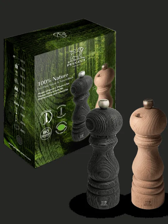 Peugeot Saveurs 100% nature Duo de moulins à poivre et à sel manuels en bois revalorisé nature et nature black, 18 cm -> Idées Cadeaux -100€|Coffrets Cadeaux