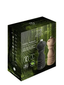Peugeot Saveurs 100% nature Duo de moulins à poivre et à sel manuels en bois revalorisé nature et nature black, 18 cm -><noscript><img width=