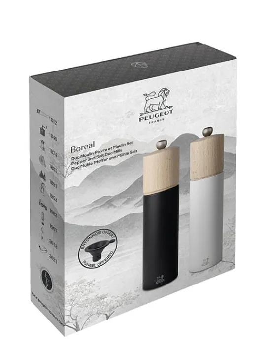 Peugeot Saveurs Duo boreal Coffret cadeau - duo de moulins à poivre et à sel boreal 21 cm et son entonnoir en silicone -> Coffrets Cadeaux|Duos Et Combi 2 En 1