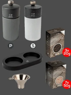 Peugeot Saveurs Pack line carbone & graphite 12cm Duo de moulins à poivre et à sel 12 cm avec entonnoir inox -> Envie De Design|Duos Et Combi 2 En 1