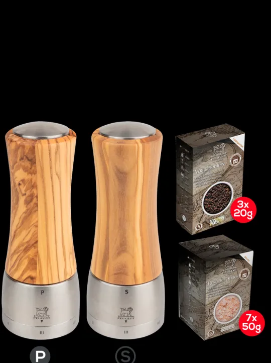 Peugeot Saveurs Pack madras bois d'olivier u'select 16 cm Duo de moulins à poivre et à sel u'select 16 cm et ses épices -> Duos Et Combi 2 En 1|Moulins À Sel Et Salières