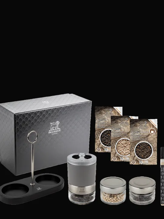 Peugeot Saveurs Pack maestro linéa Coffret bar à poivres maestro gris roche et plateau linéa -> Envie De Saveurs|Idées Cadeaux -100€