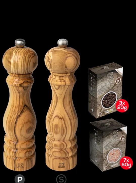 Peugeot Saveurs Pack paris bois d'olivier 22 cm Duo de moulins à poivre et à sel 22 cm et ses épices -> Duos Et Combi 2 En 1|Moulins À Sel Et Salières