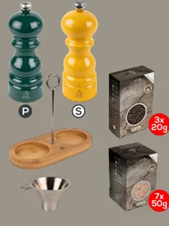Peugeot Saveurs Pack parisrama u'select vert forêt et jaune safran 15cm Duo de moulins à poivre et à sel en bois u'select avec entonnoir inox -> Duos Et Combi 2 En 1|Moulins À Sel Et Salières