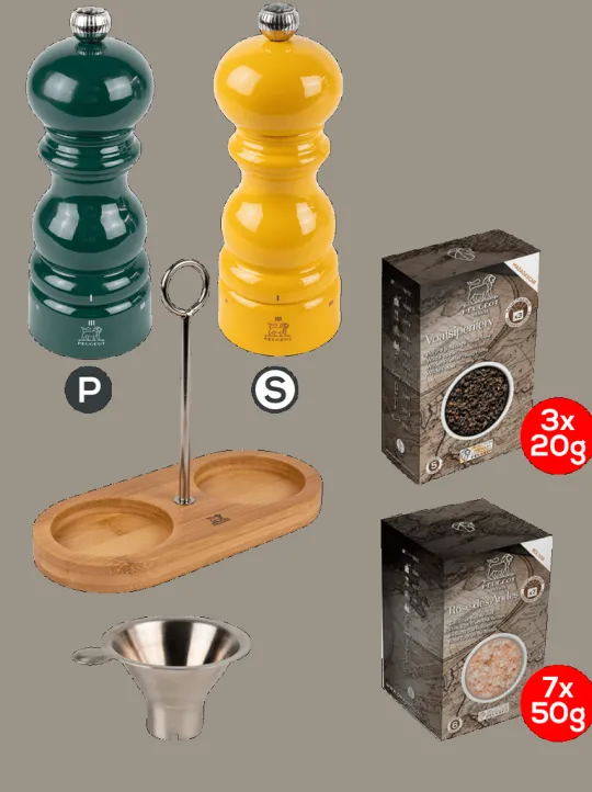 Peugeot Saveurs Pack parisrama u'select vert forêt et jaune safran 15cm Duo de moulins à poivre et à sel en bois u'select avec entonnoir inox -> Duos Et Combi 2 En 1|Moulins À Sel Et Salières