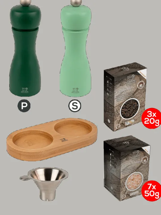 Peugeot Saveurs Pack tahiti eau avec plateau Duo de moulins à poivre et à sel en bois 15 cm et ses épices et son plateau linéa en bambou -> Envie De Couleurs|Duos Et Combi 2 En 1